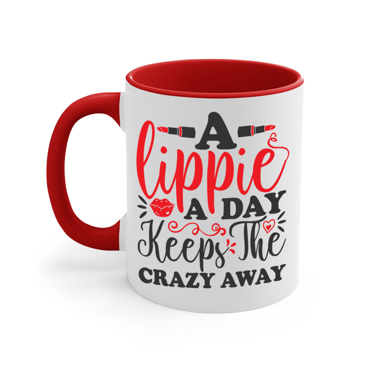 Two-tone ceramic coffee mug with colorful handle and interior, featuring the phrase 'a lippie a day keeps the crazyaway'.