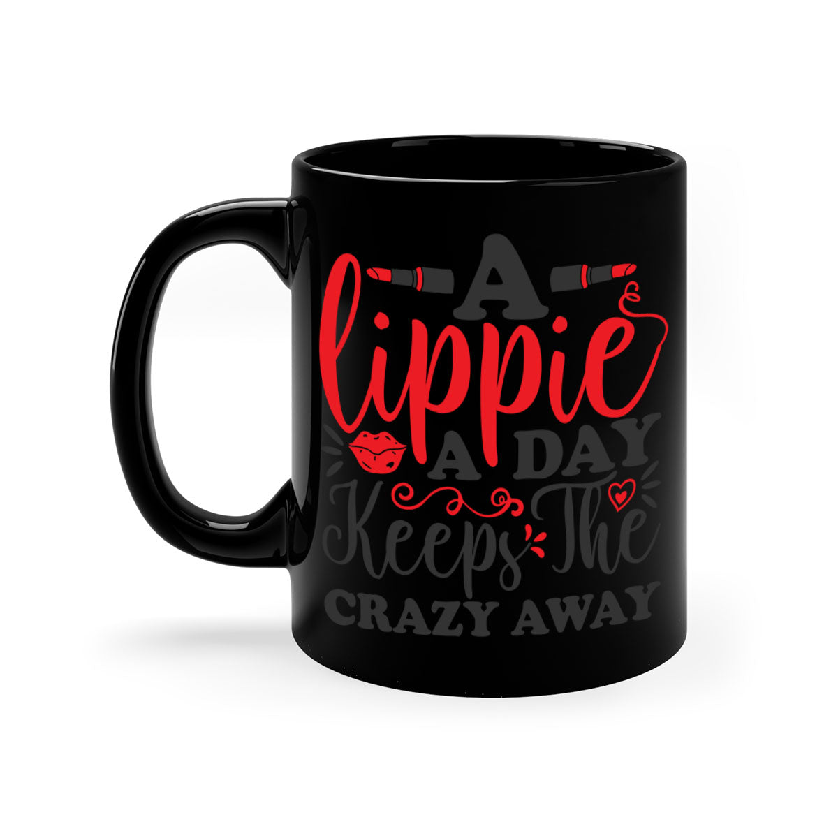 Two-tone ceramic coffee mug with colorful handle and interior, featuring the phrase 'a lippie a day keeps the crazyaway'.