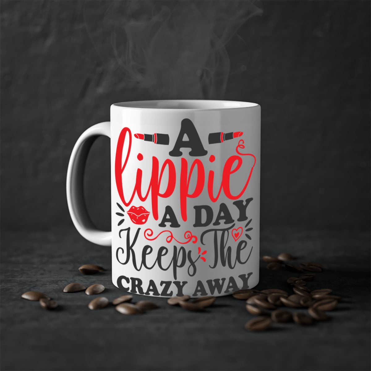 Two-tone ceramic coffee mug with colorful handle and interior, featuring the phrase 'a lippie a day keeps the crazyaway'.