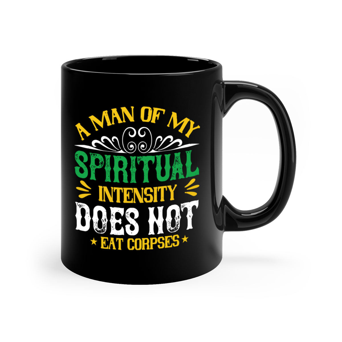 A stylish two-tone vegan mug with a spiritual design, featuring a colored handle and glossy finish, available in multiple colors.