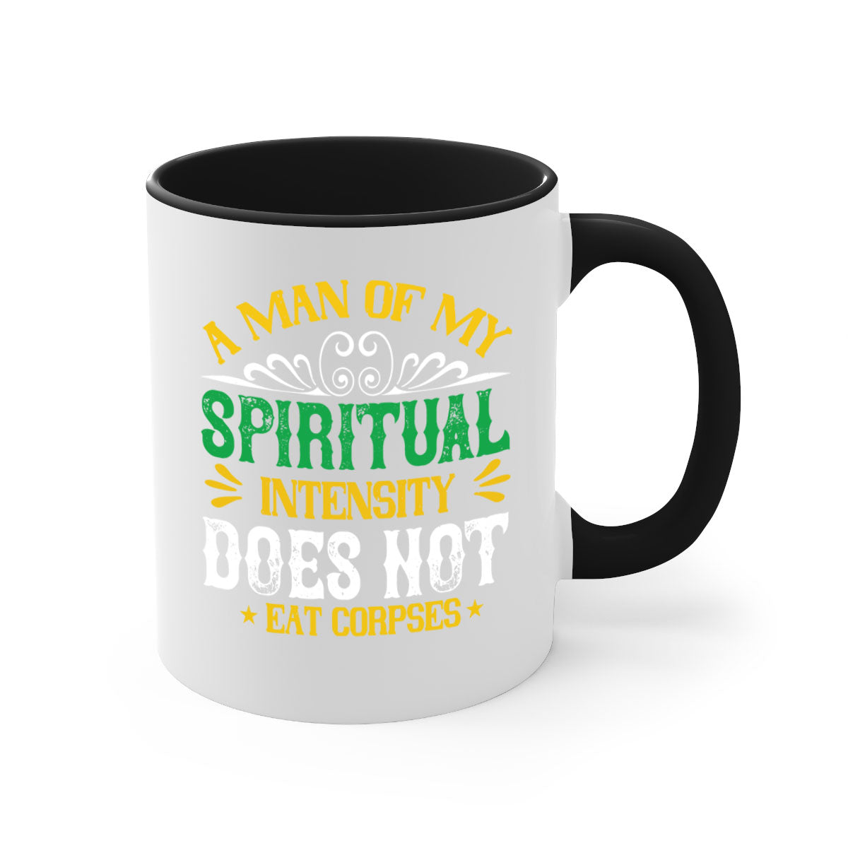 A stylish two-tone vegan mug with a spiritual design, featuring a colored handle and glossy finish, available in multiple colors.