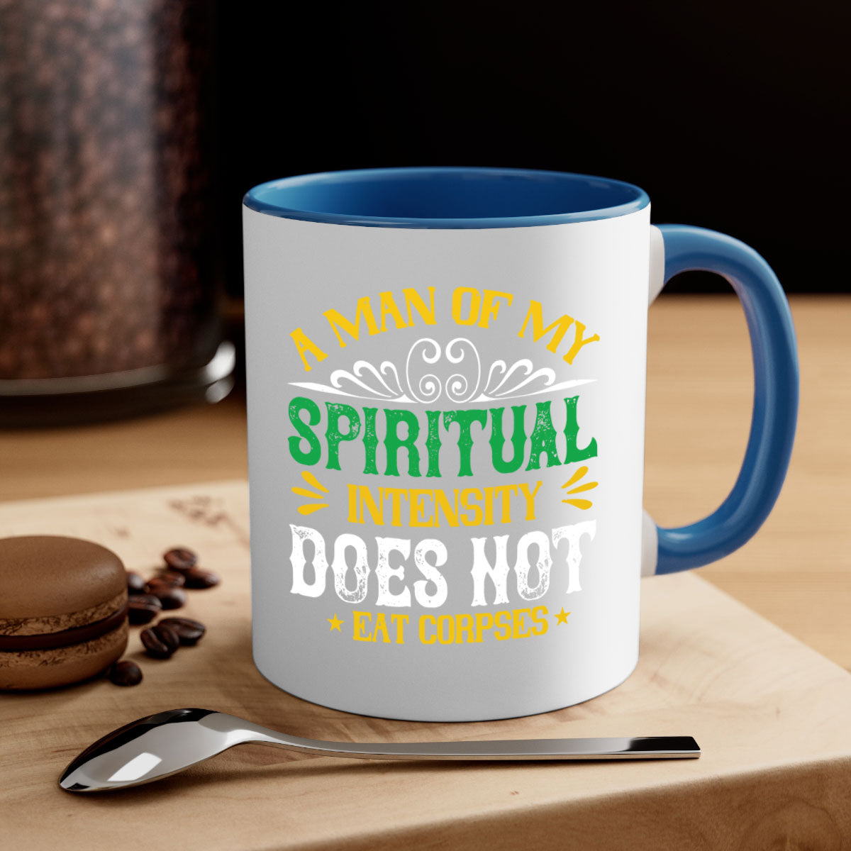 A stylish two-tone vegan mug with a spiritual design, featuring a colored handle and glossy finish, available in multiple colors.