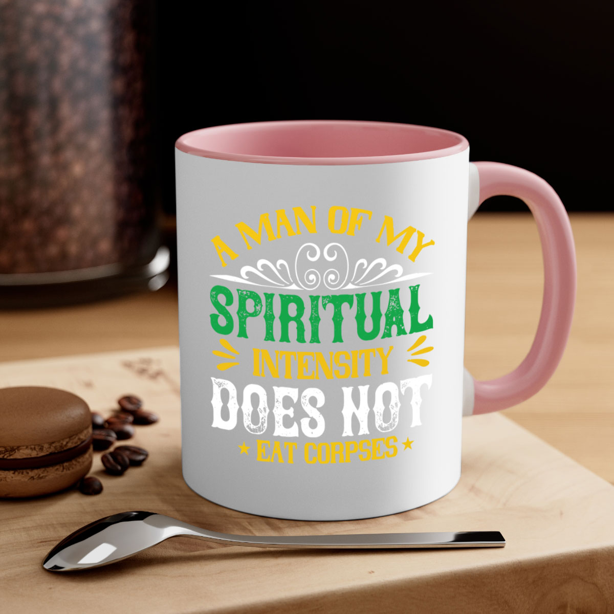 A stylish two-tone vegan mug with a spiritual design, featuring a colored handle and glossy finish, available in multiple colors.