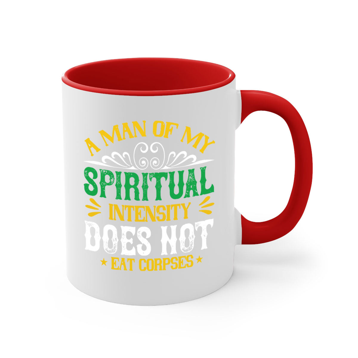 A stylish two-tone vegan mug with a spiritual design, featuring a colored handle and glossy finish, available in multiple colors.