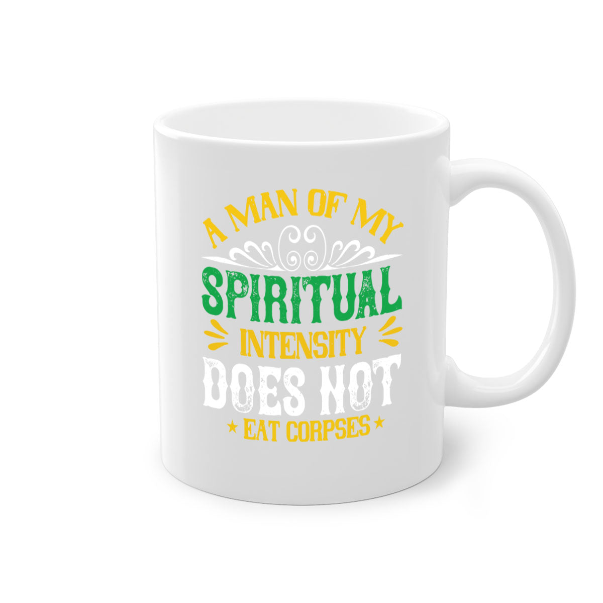 A stylish two-tone vegan mug with a spiritual design, featuring a colored handle and glossy finish, available in multiple colors.