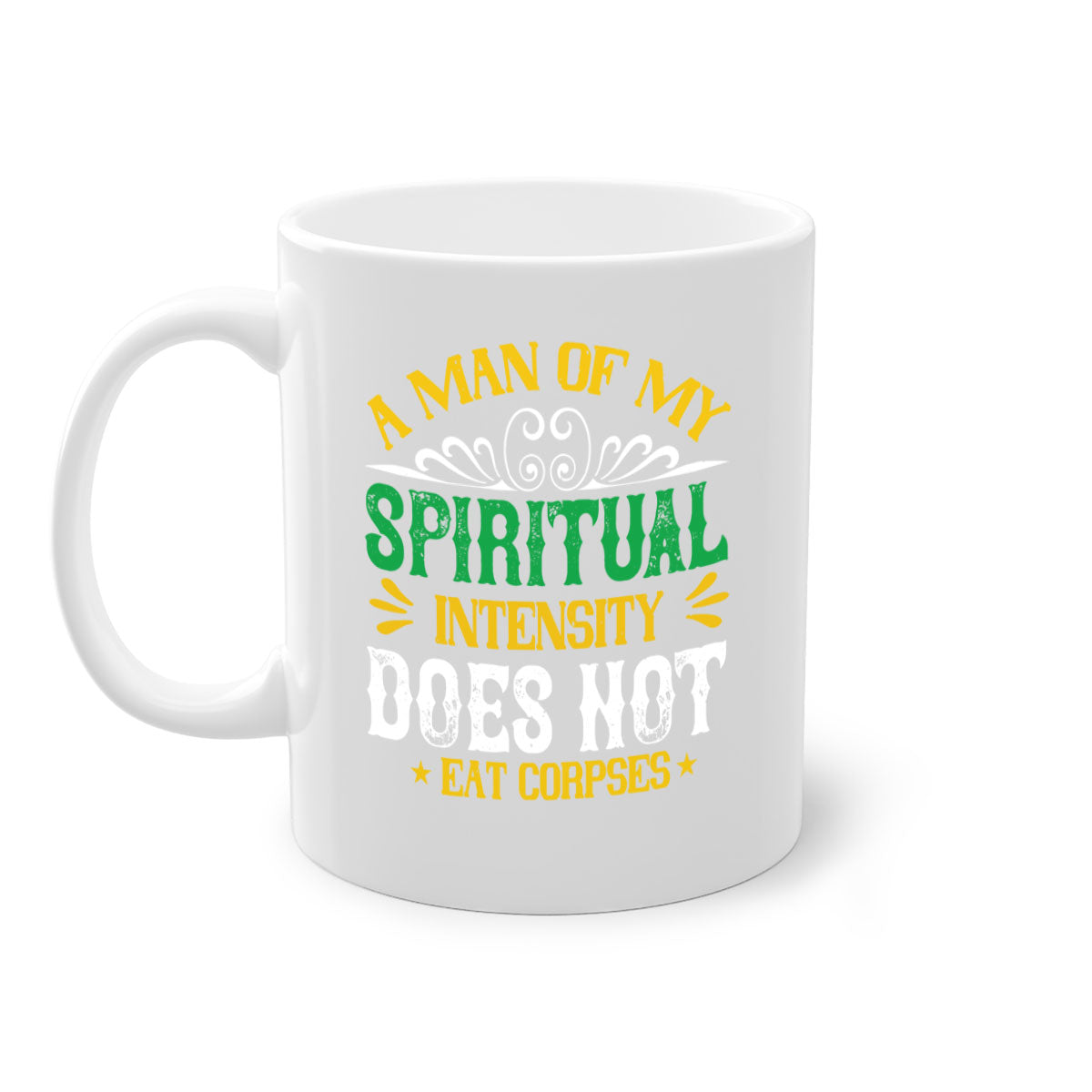 A stylish two-tone vegan mug with a spiritual design, featuring a colored handle and glossy finish, available in multiple colors.