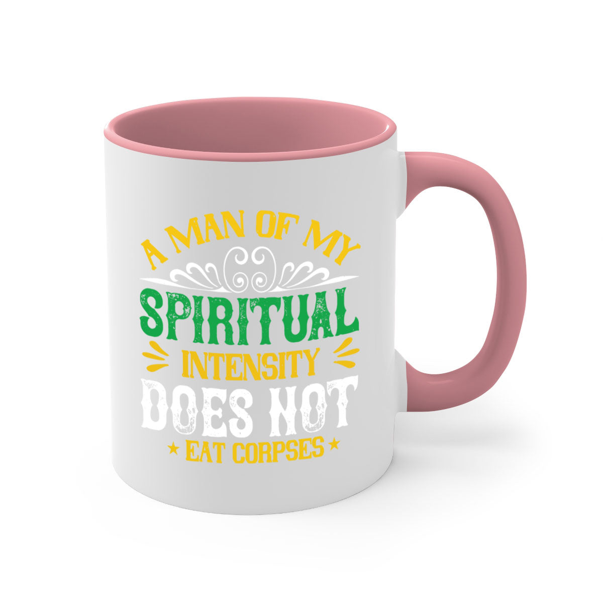 A stylish two-tone vegan mug with a spiritual design, featuring a colored handle and glossy finish, available in multiple colors.