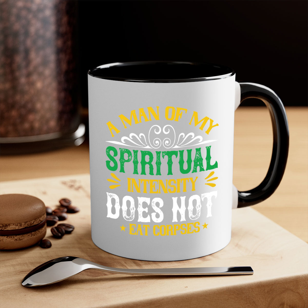 A stylish two-tone vegan mug with a spiritual design, featuring a colored handle and glossy finish, available in multiple colors.