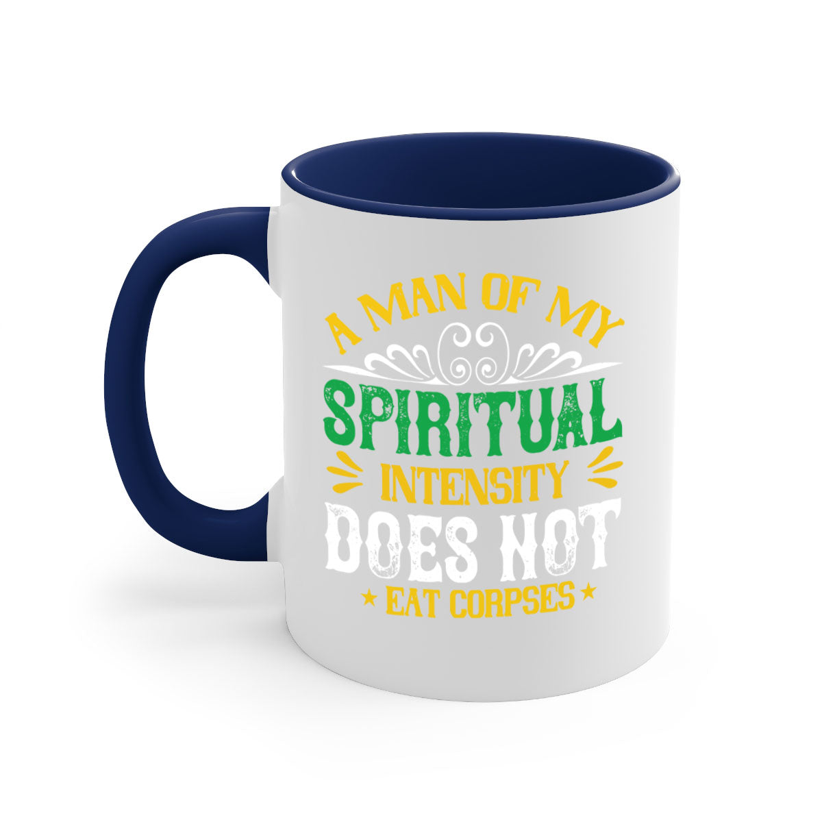 A stylish two-tone vegan mug with a spiritual design, featuring a colored handle and glossy finish, available in multiple colors.