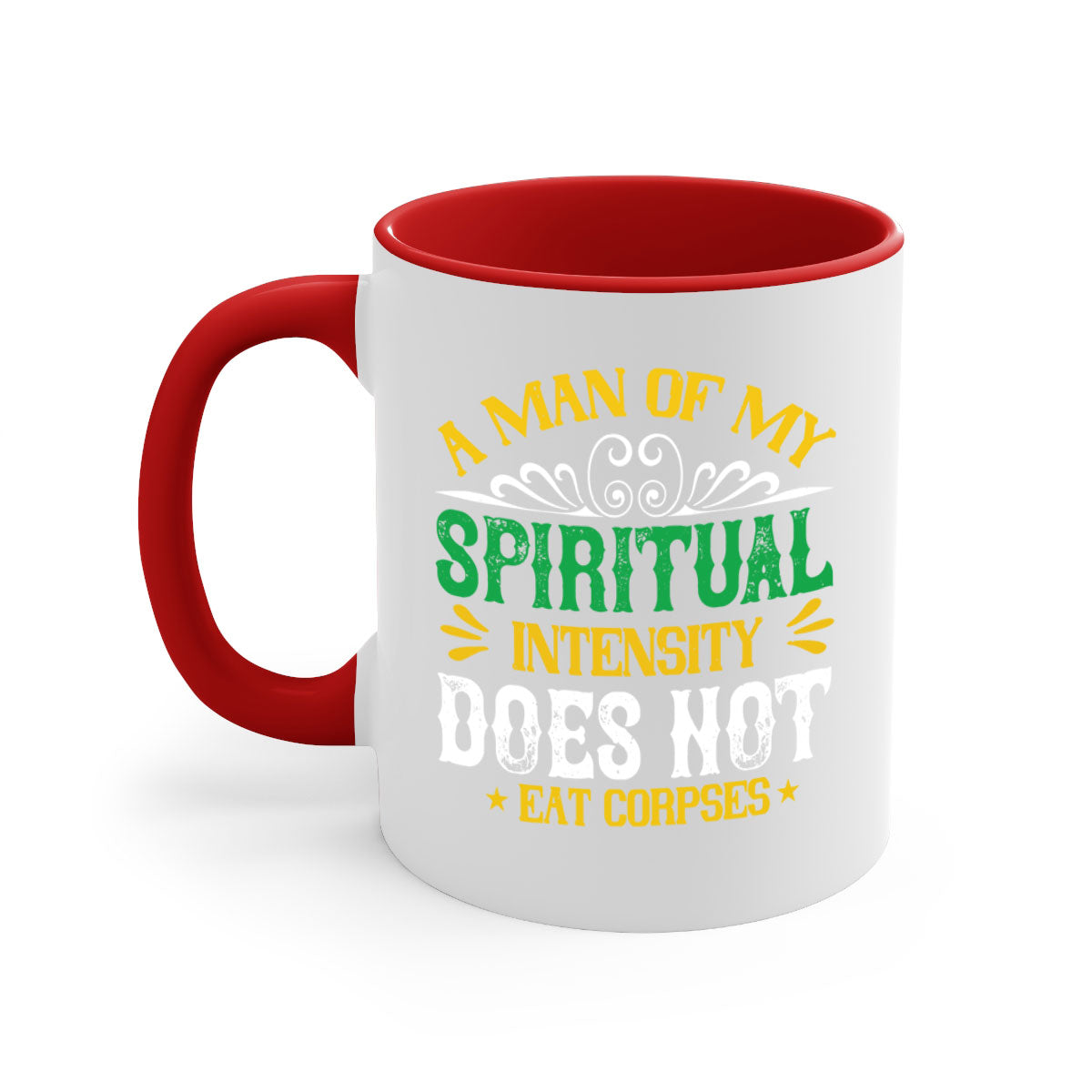A stylish two-tone vegan mug with a spiritual design, featuring a colored handle and glossy finish, available in multiple colors.