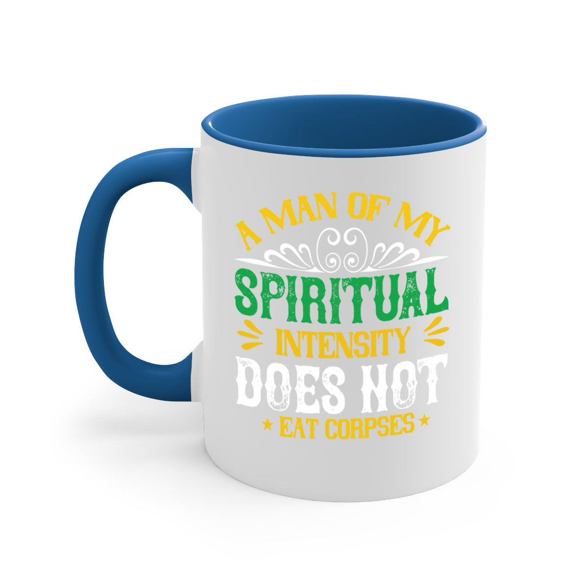A stylish two-tone vegan mug with a spiritual design, featuring a colored handle and glossy finish, available in multiple colors.