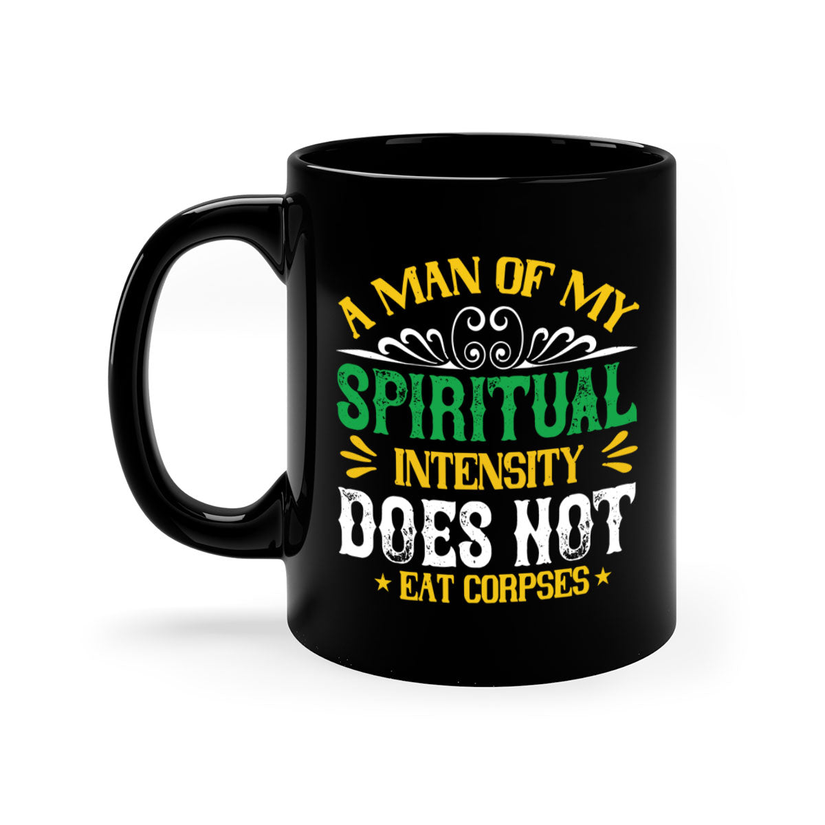 A stylish two-tone vegan mug with a spiritual design, featuring a colored handle and glossy finish, available in multiple colors.