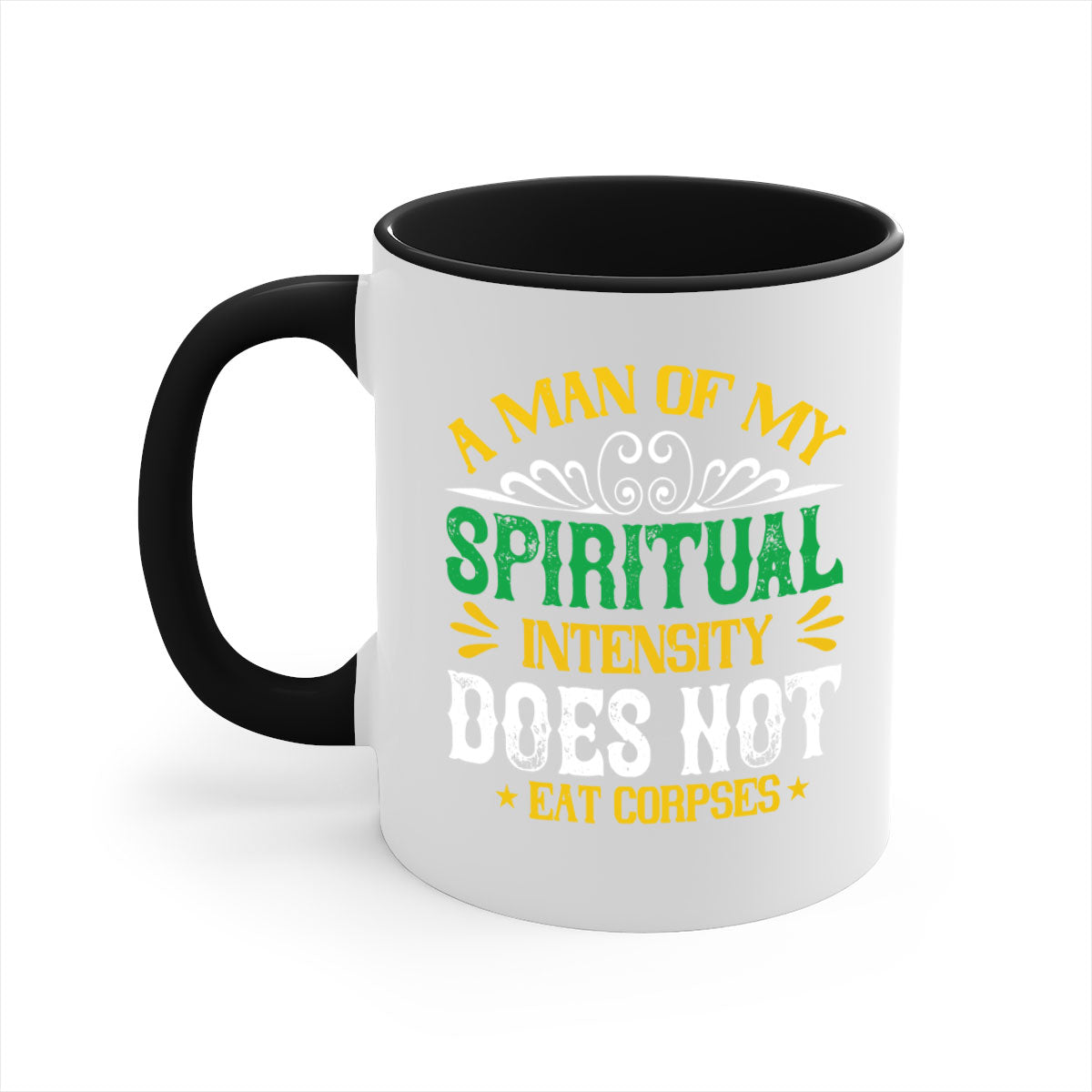 A stylish two-tone vegan mug with a spiritual design, featuring a colored handle and glossy finish, available in multiple colors.