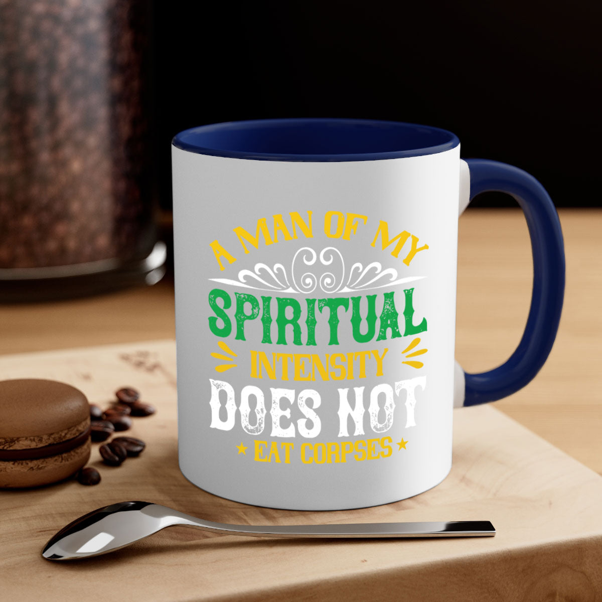 A stylish two-tone vegan mug with a spiritual design, featuring a colored handle and glossy finish, available in multiple colors.
