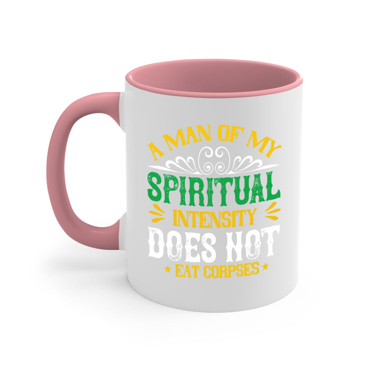 A stylish two-tone vegan mug with a spiritual design, featuring a colored handle and glossy finish, available in multiple colors.