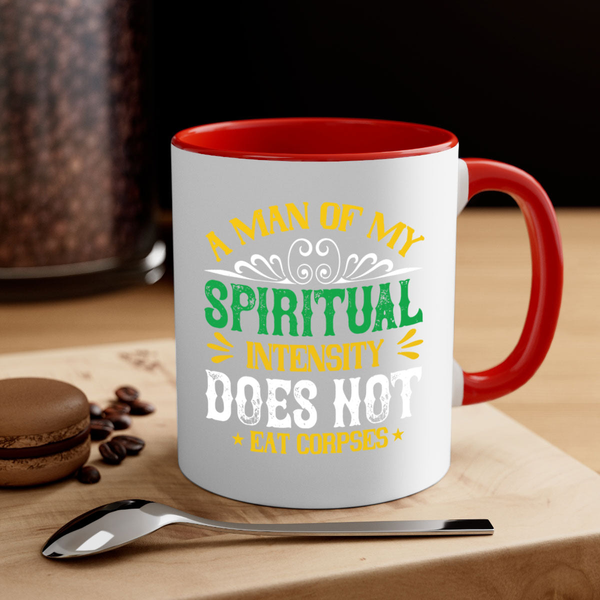 A stylish two-tone vegan mug with a spiritual design, featuring a colored handle and glossy finish, available in multiple colors.