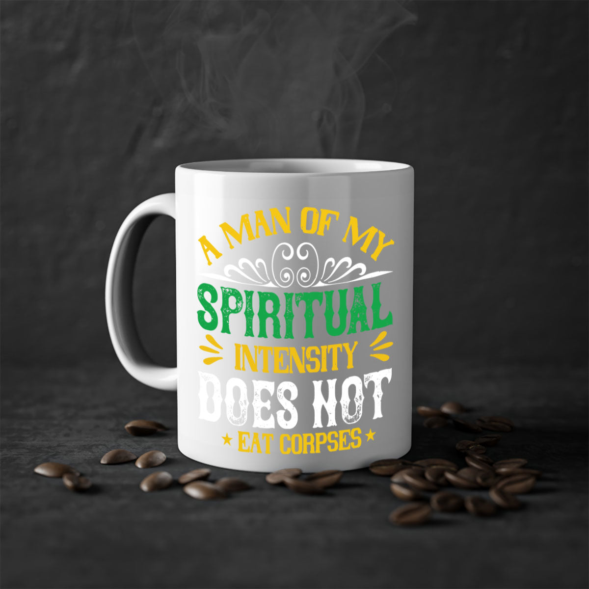 A stylish two-tone vegan mug with a spiritual design, featuring a colored handle and glossy finish, available in multiple colors.
