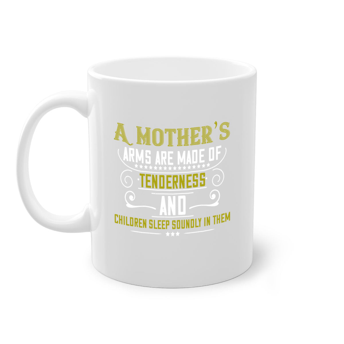 A stylish two-tone coffee mug with a colored handle and glossy finish, featuring the text 'A Mother's Arms Are Made of 249#'.