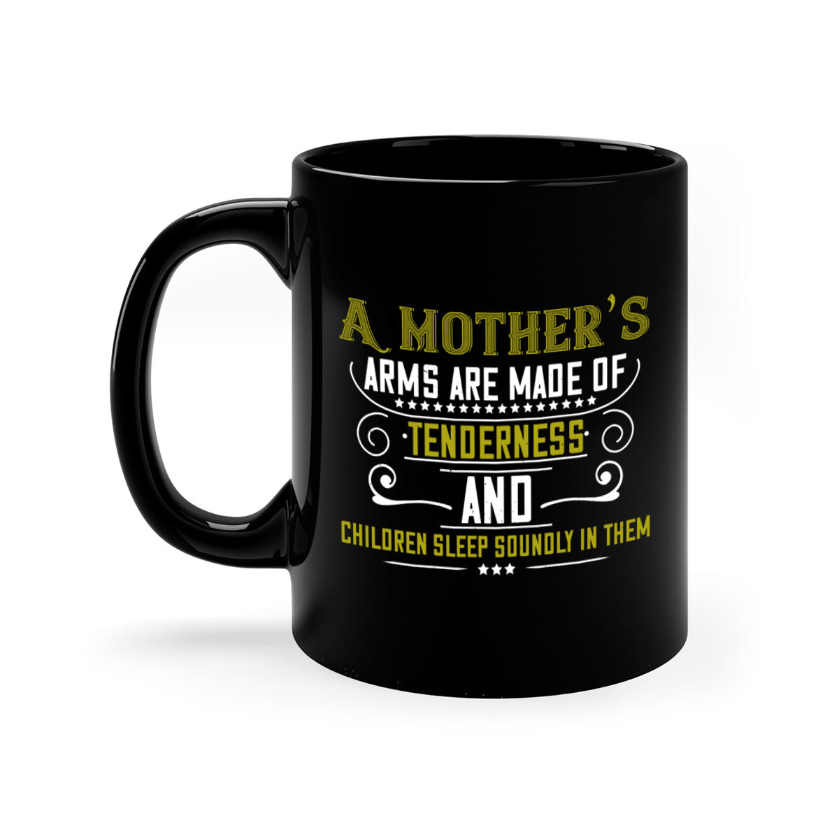 A stylish two-tone coffee mug with a colored handle and glossy finish, featuring the text 'A Mother's Arms Are Made of 249#'.
