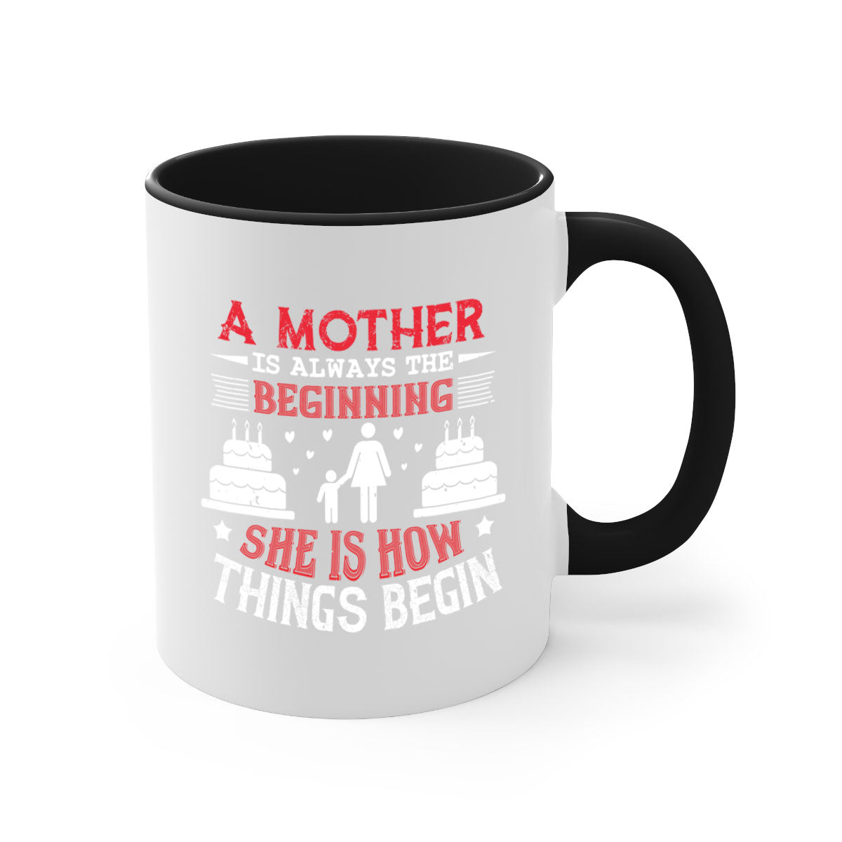 A two-tone ceramic coffee mug with a colored handle and glossy finish, featuring the text 'A Mother is Always the Beginning' for Mother's Day.