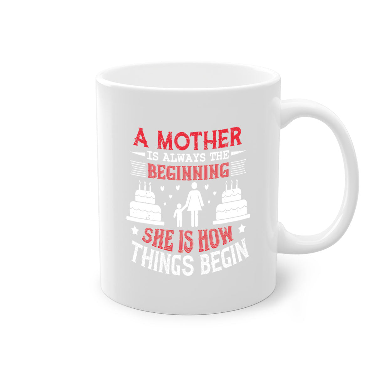 A two-tone ceramic coffee mug with a colored handle and glossy finish, featuring the text 'A Mother is Always the Beginning' for Mother's Day.
