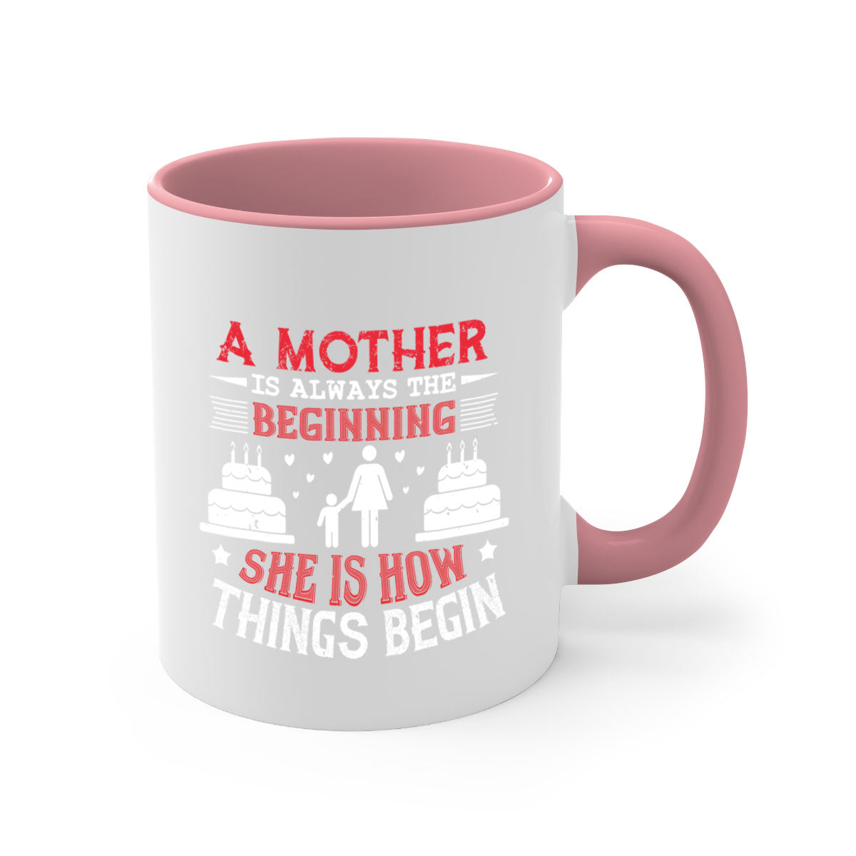 A two-tone ceramic coffee mug with a colored handle and glossy finish, featuring the text 'A Mother is Always the Beginning' for Mother's Day.