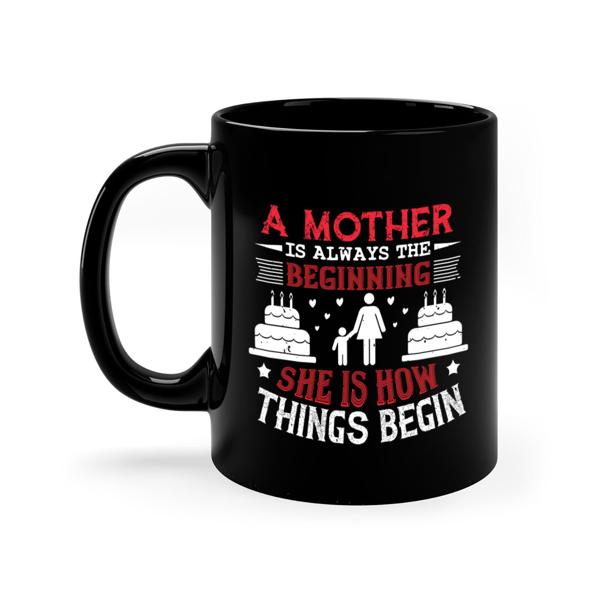 A two-tone ceramic coffee mug with a colored handle and glossy finish, featuring the text 'A Mother is Always the Beginning' for Mother's Day.