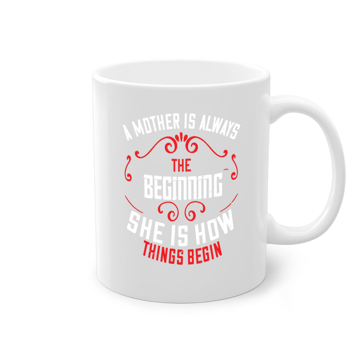 A two-tone ceramic mug with a colored handle and interior, featuring the phrase 'A Mother is Always the Beginning' in elegant typography.