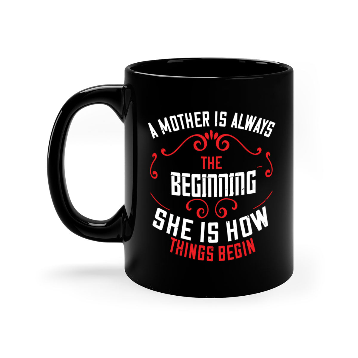 A two-tone ceramic mug with a colored handle and interior, featuring the phrase 'A Mother is Always the Beginning' in elegant typography.