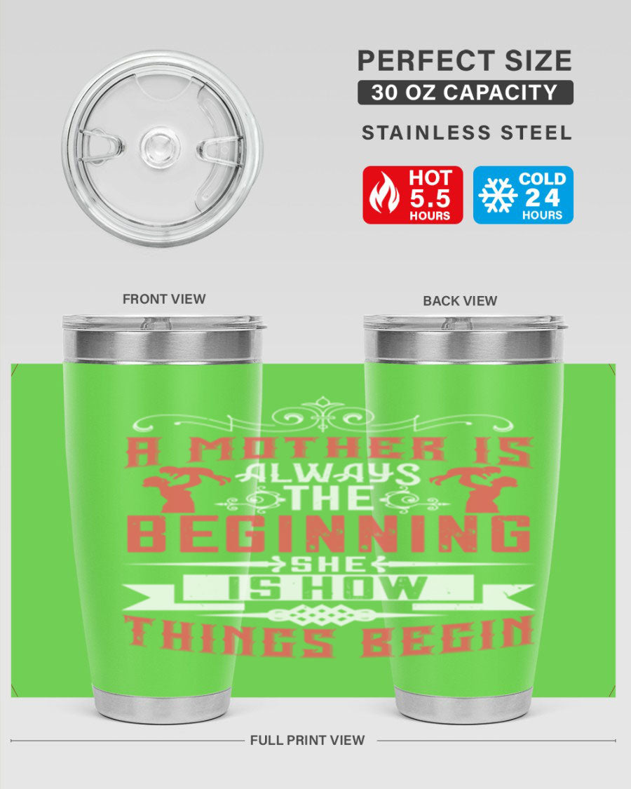 A stylish 20oz and 30oz stainless steel tumbler featuring a heartfelt quote about motherhood, perfect for keeping drinks hot or cold.