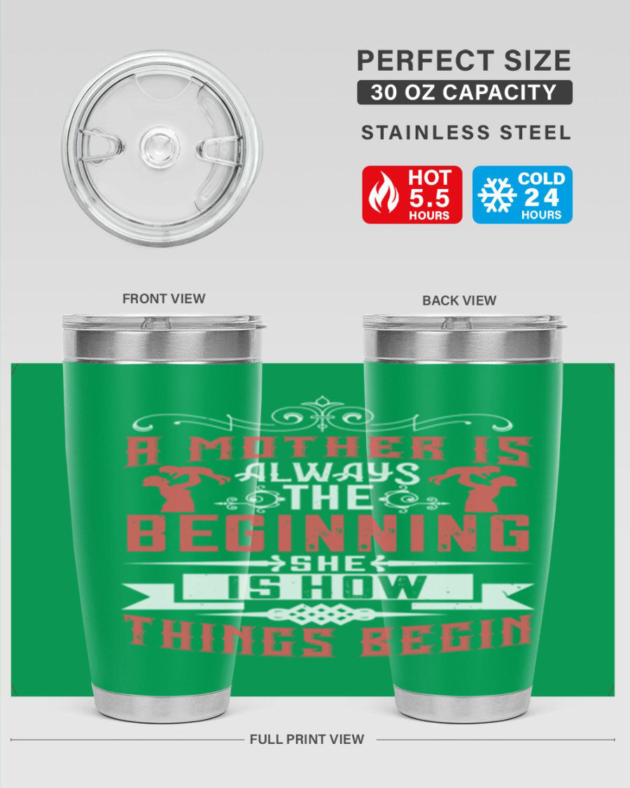 A stylish 20oz and 30oz stainless steel tumbler featuring a heartfelt quote about motherhood, perfect for keeping drinks hot or cold.