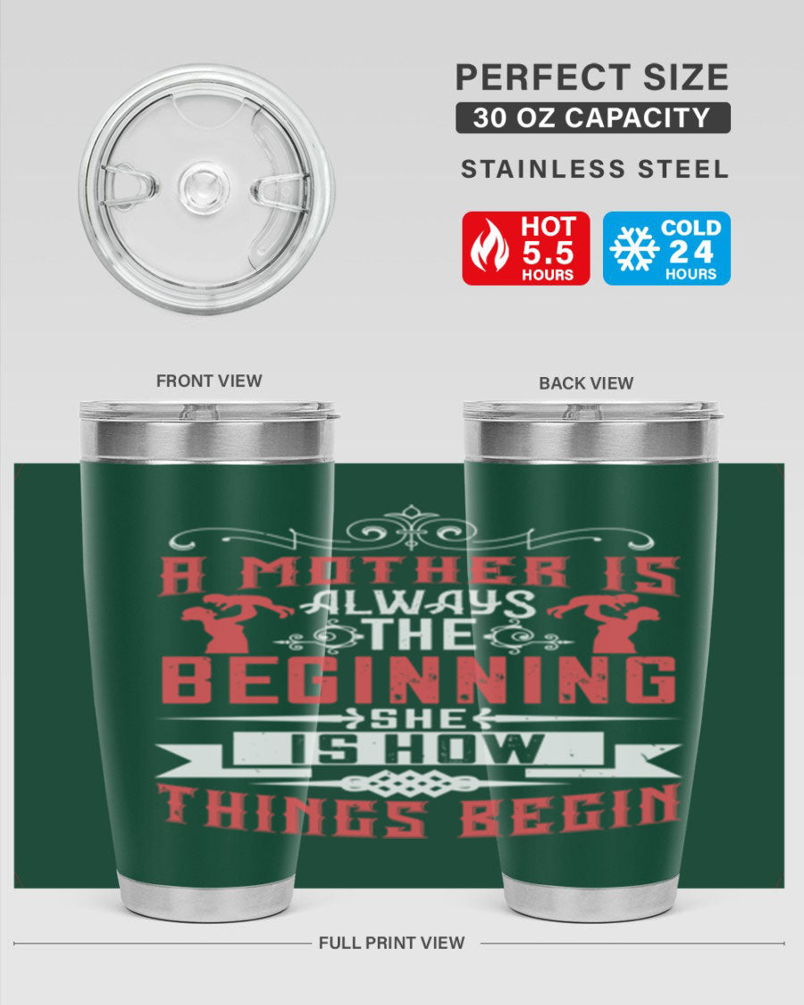 A stylish 20oz and 30oz stainless steel tumbler featuring a heartfelt quote about motherhood, perfect for keeping drinks hot or cold.