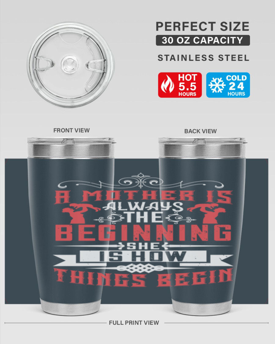 A stylish 20oz and 30oz stainless steel tumbler featuring a heartfelt quote about motherhood, perfect for keeping drinks hot or cold.