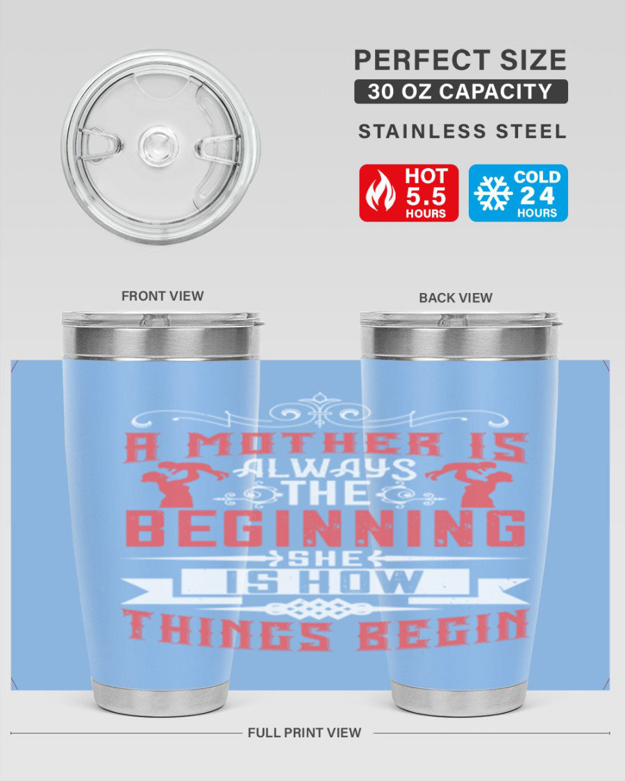 A stylish 20oz and 30oz stainless steel tumbler featuring a heartfelt quote about motherhood, perfect for keeping drinks hot or cold.