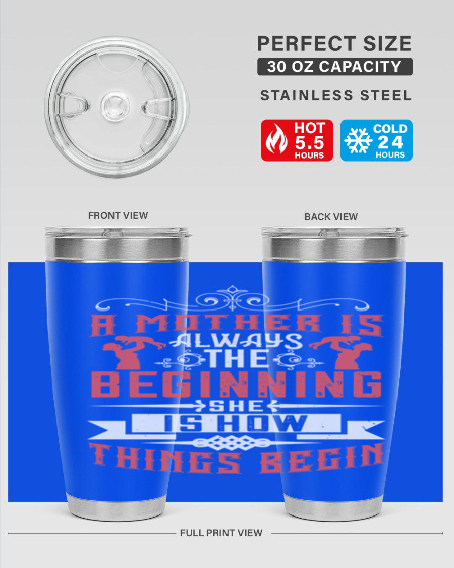 A stylish 20oz and 30oz stainless steel tumbler featuring a heartfelt quote about motherhood, perfect for keeping drinks hot or cold.