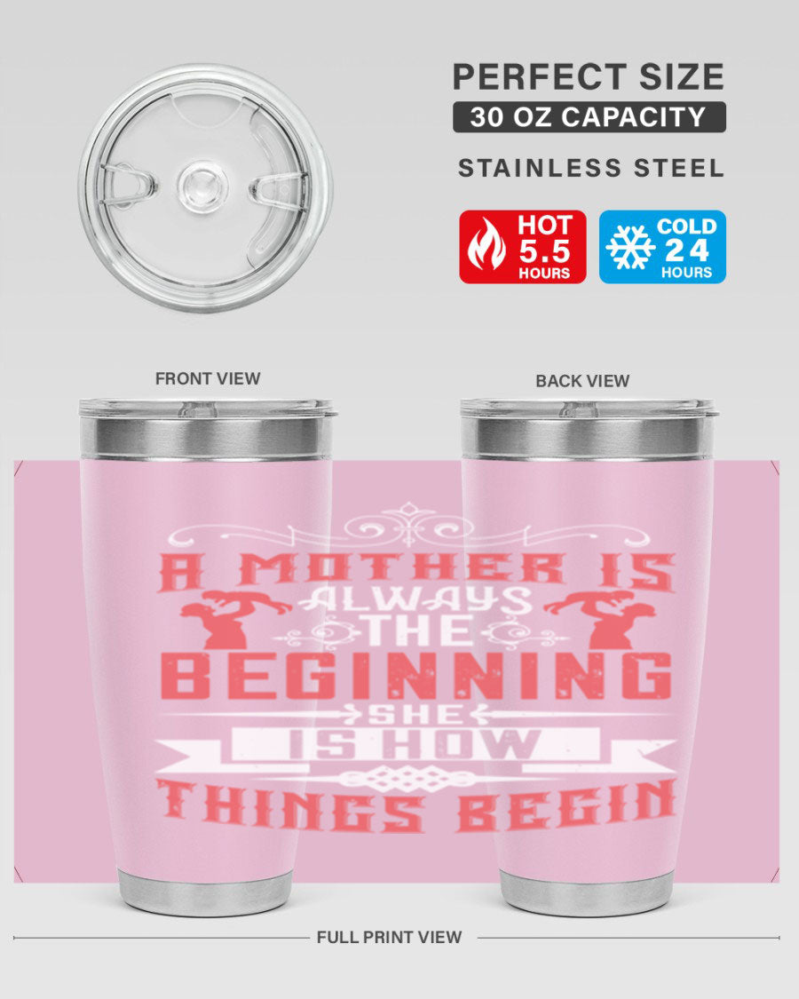 A stylish 20oz and 30oz stainless steel tumbler featuring a heartfelt quote about motherhood, perfect for keeping drinks hot or cold.