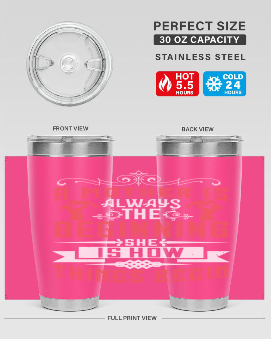 A stylish 20oz and 30oz stainless steel tumbler featuring a heartfelt quote about motherhood, perfect for keeping drinks hot or cold.