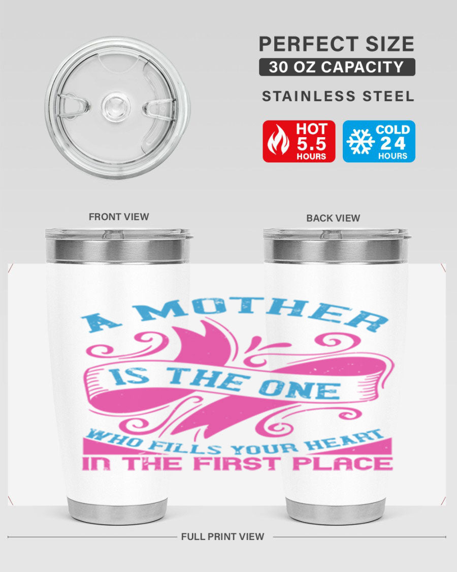 Stylish 20oz and 30oz stainless steel tumblers with a heartfelt message about motherhood, featuring a drink-thru lid.