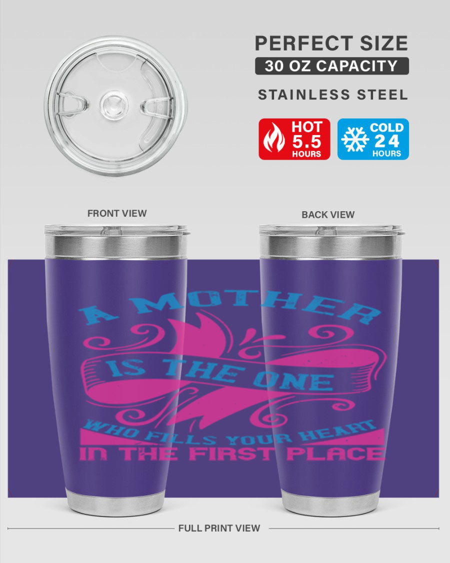 Stylish 20oz and 30oz stainless steel tumblers with a heartfelt message about motherhood, featuring a drink-thru lid.