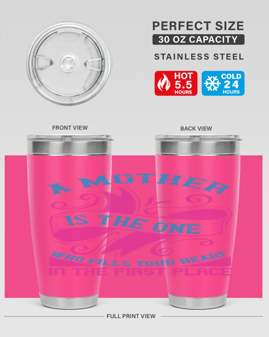 Stylish 20oz and 30oz stainless steel tumblers with a heartfelt message about motherhood, featuring a drink-thru lid.