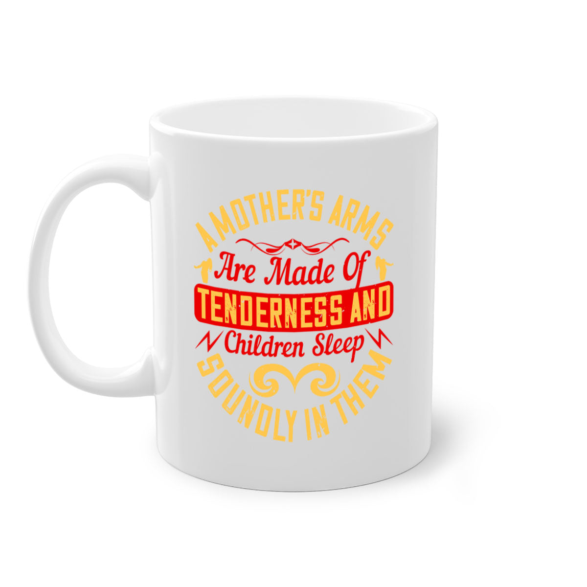 A stylish two-tone ceramic mug with a colored handle and glossy finish, featuring a design that symbolizes a mother's tenderness.