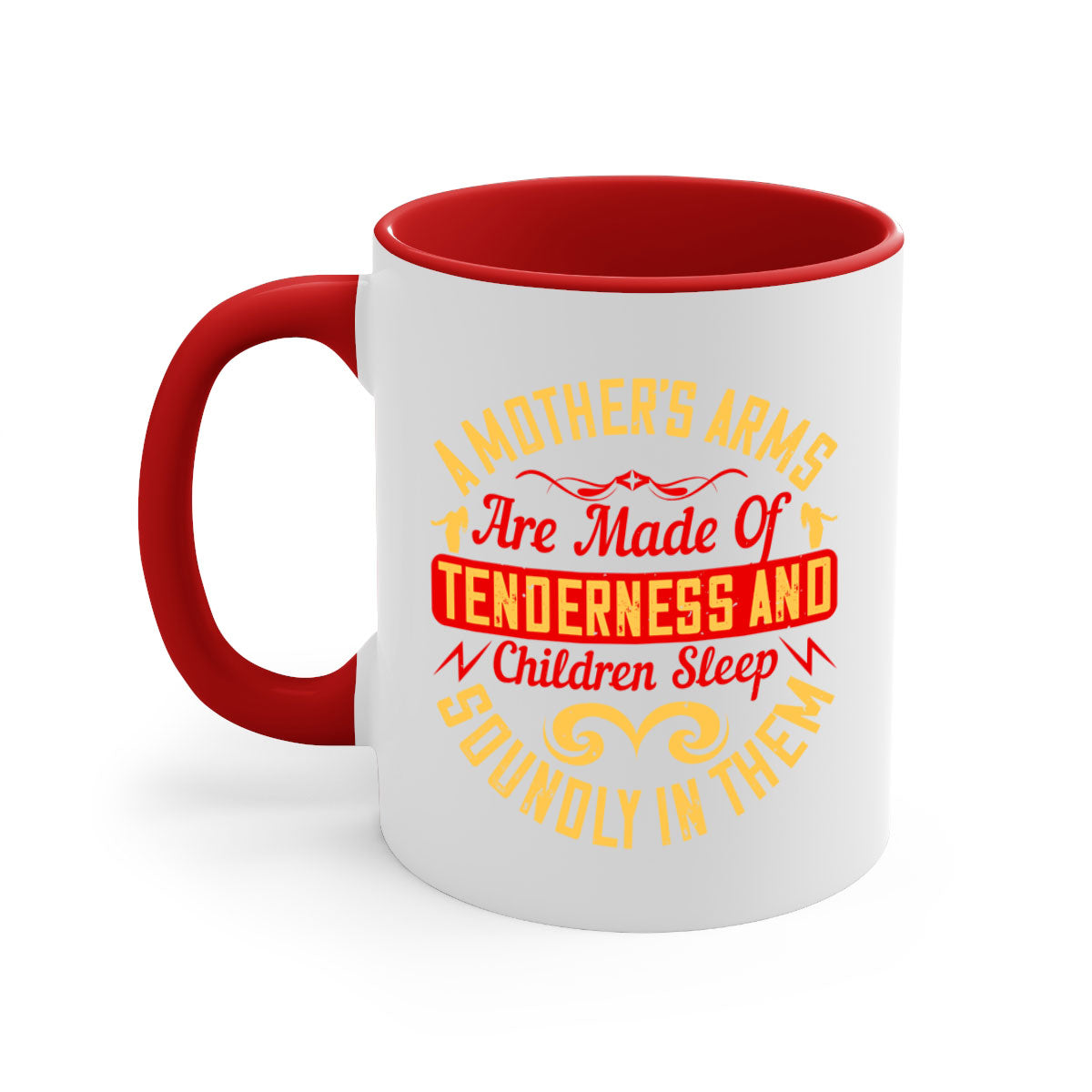 A stylish two-tone ceramic mug with a colored handle and glossy finish, featuring a design that symbolizes a mother's tenderness.