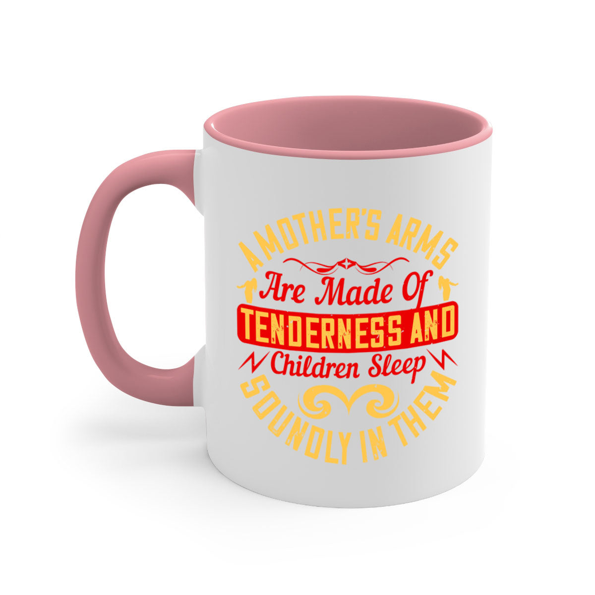 A stylish two-tone ceramic mug with a colored handle and glossy finish, featuring a design that symbolizes a mother's tenderness.