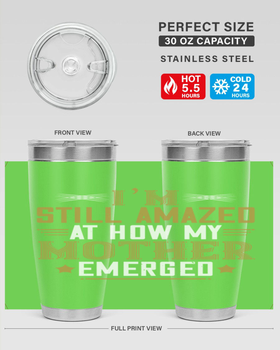 A stylish 20oz and 30oz stainless steel tumbler featuring a comforting design, perfect for keeping drinks hot or cold, showcasing the phrase about a mother's comforting embrace.