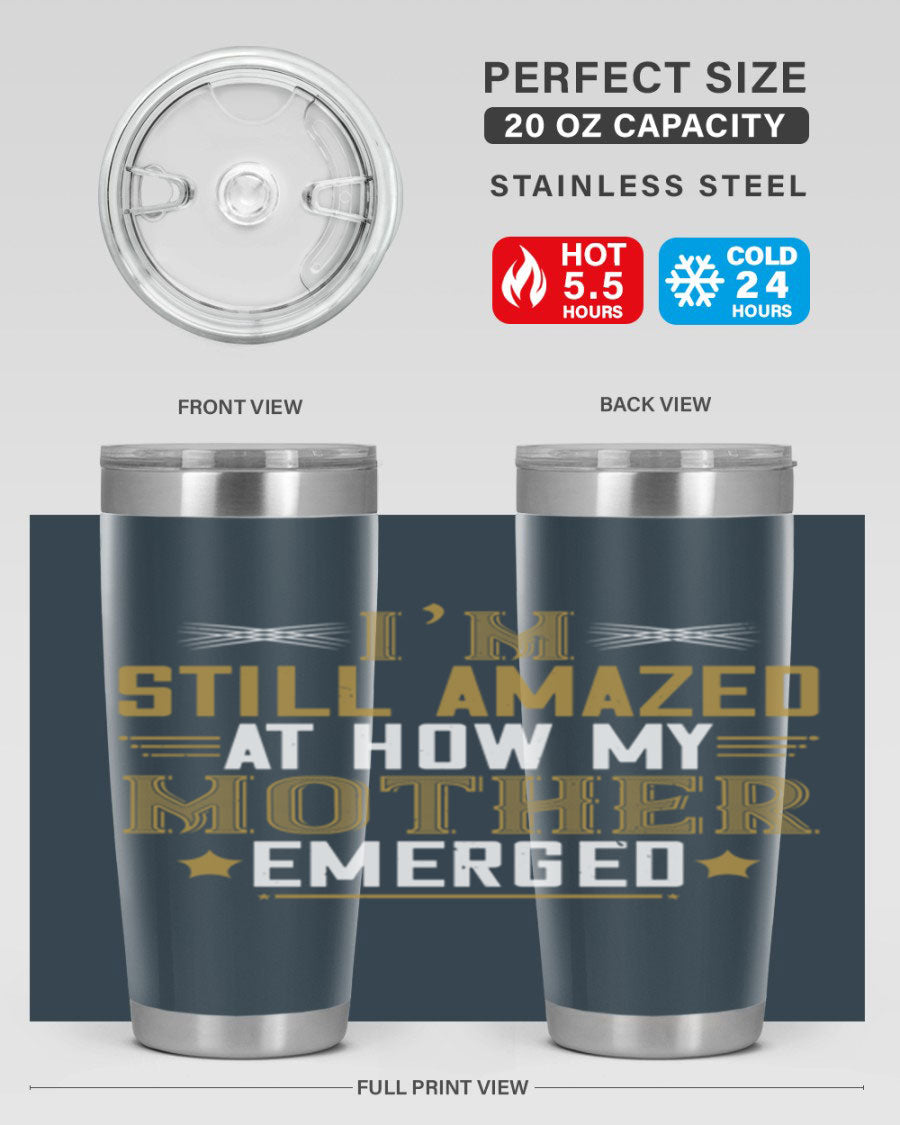 A stylish 20oz and 30oz stainless steel tumbler featuring a comforting design, perfect for keeping drinks hot or cold, showcasing the phrase about a mother's comforting embrace.