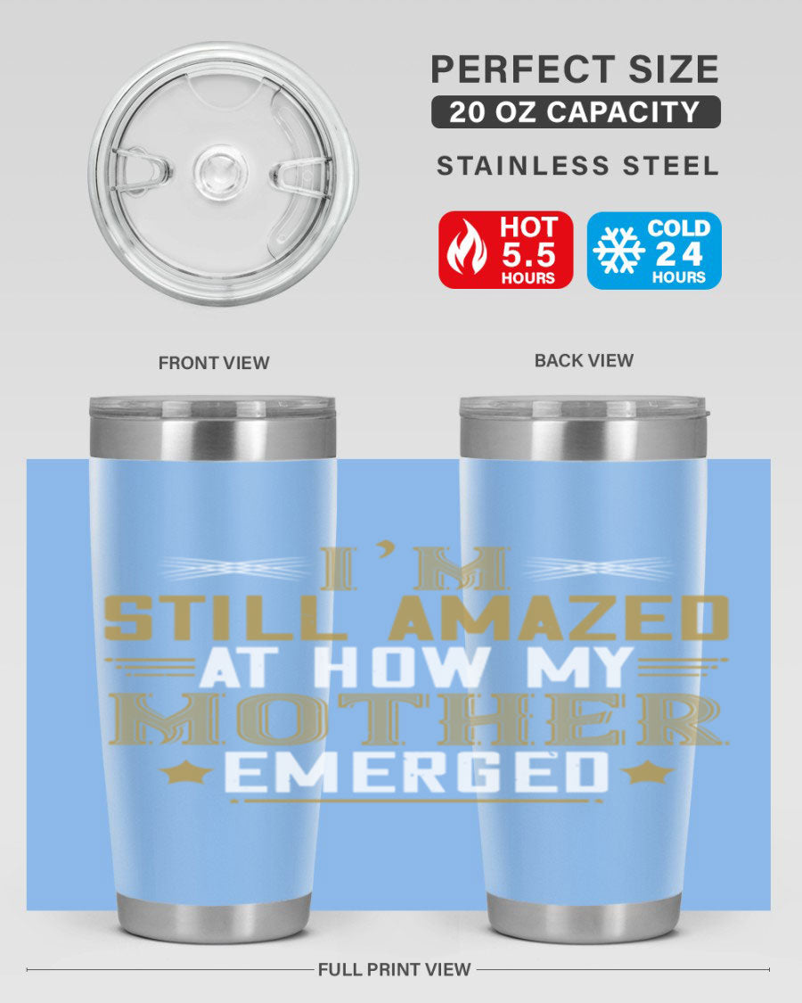 A stylish 20oz and 30oz stainless steel tumbler featuring a comforting design, perfect for keeping drinks hot or cold, showcasing the phrase about a mother's comforting embrace.