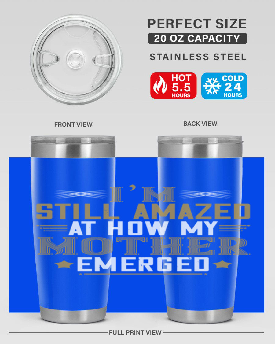 A stylish 20oz and 30oz stainless steel tumbler featuring a comforting design, perfect for keeping drinks hot or cold, showcasing the phrase about a mother's comforting embrace.