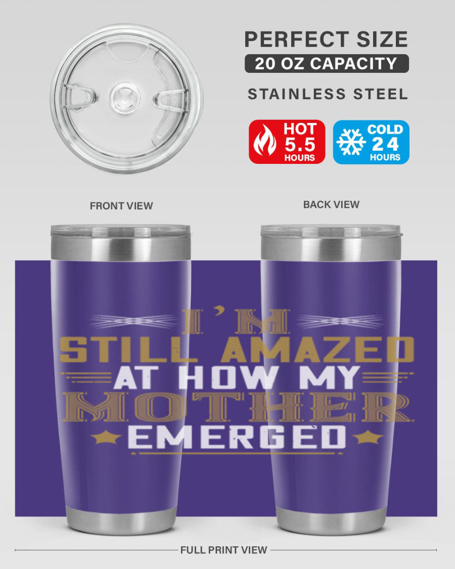 A stylish 20oz and 30oz stainless steel tumbler featuring a comforting design, perfect for keeping drinks hot or cold, showcasing the phrase about a mother's comforting embrace.