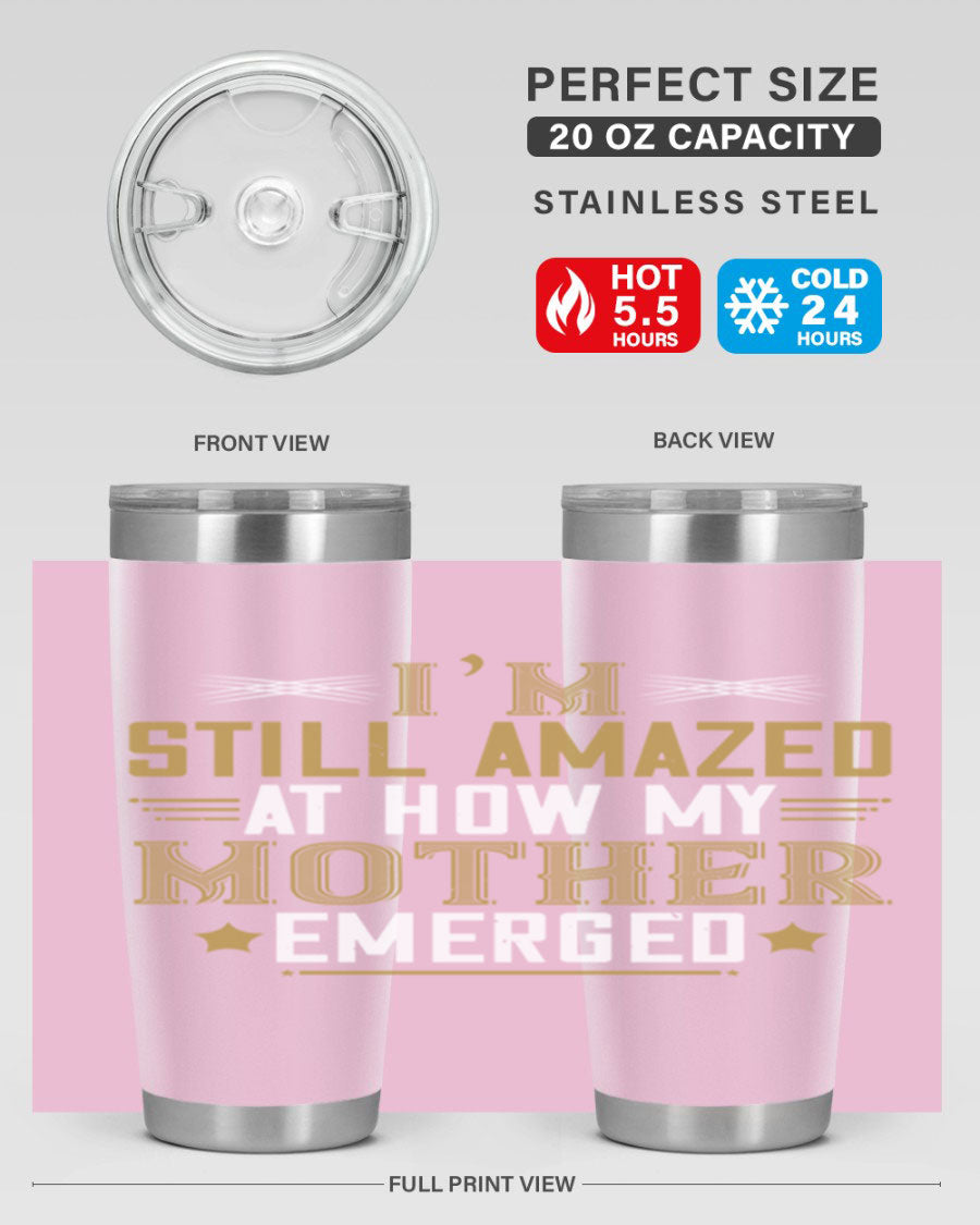A stylish 20oz and 30oz stainless steel tumbler featuring a comforting design, perfect for keeping drinks hot or cold, showcasing the phrase about a mother's comforting embrace.