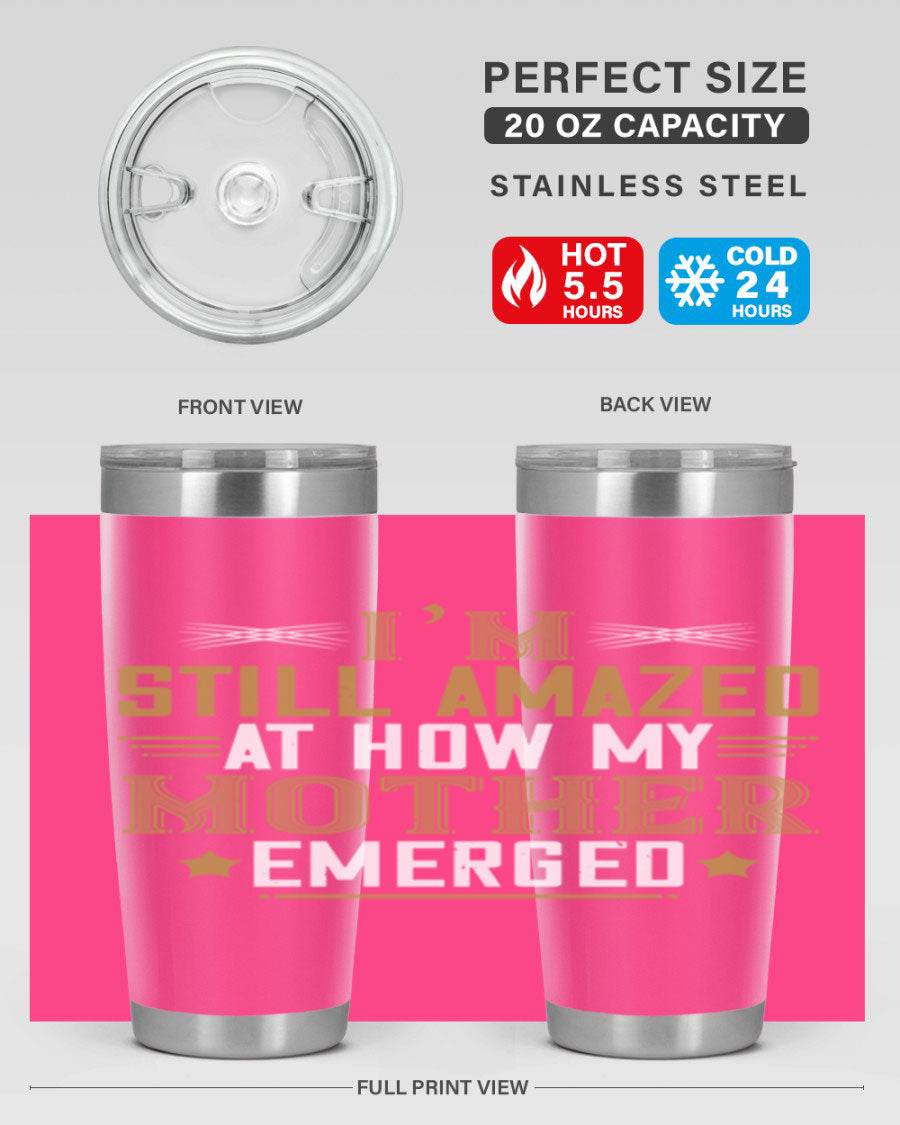 A stylish 20oz and 30oz stainless steel tumbler featuring a comforting design, perfect for keeping drinks hot or cold, showcasing the phrase about a mother's comforting embrace.